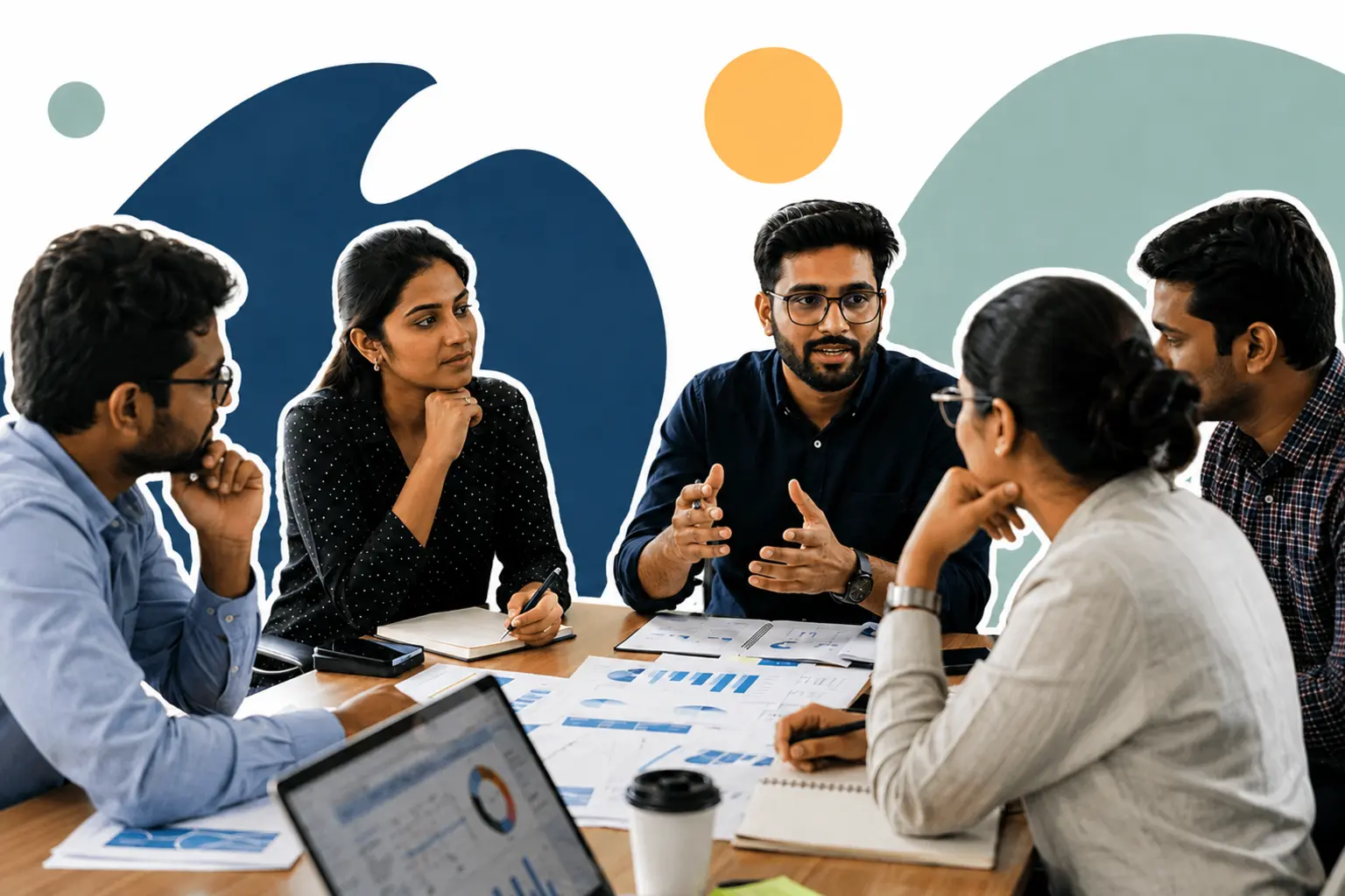 Graduate business and commerce team discussing reports and performance data