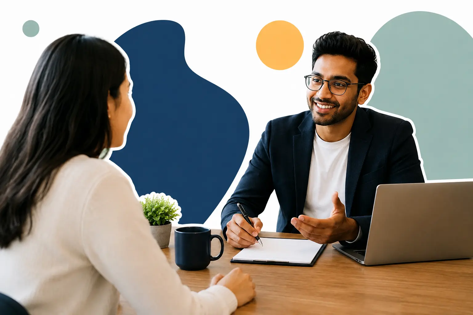 Career adviser discussing goals and next steps with a graduate during an assessment