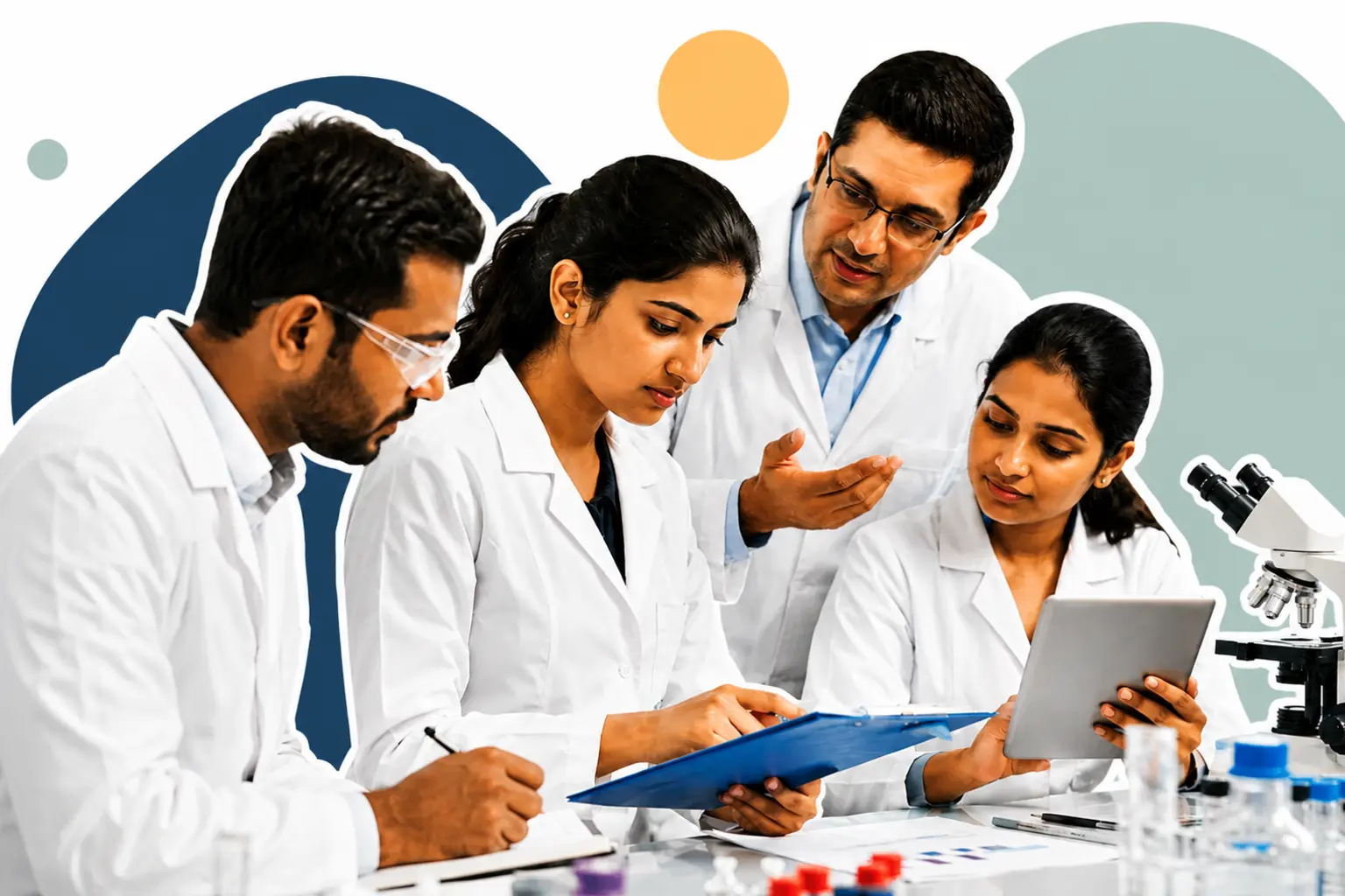 Graduate health and science professionals reviewing laboratory research results