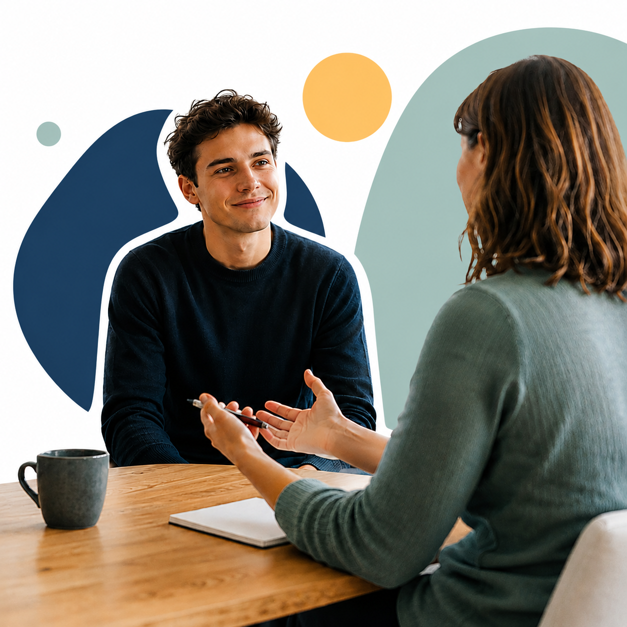 Graduate receiving one-to-one career guidance in a stylised consultation scene
