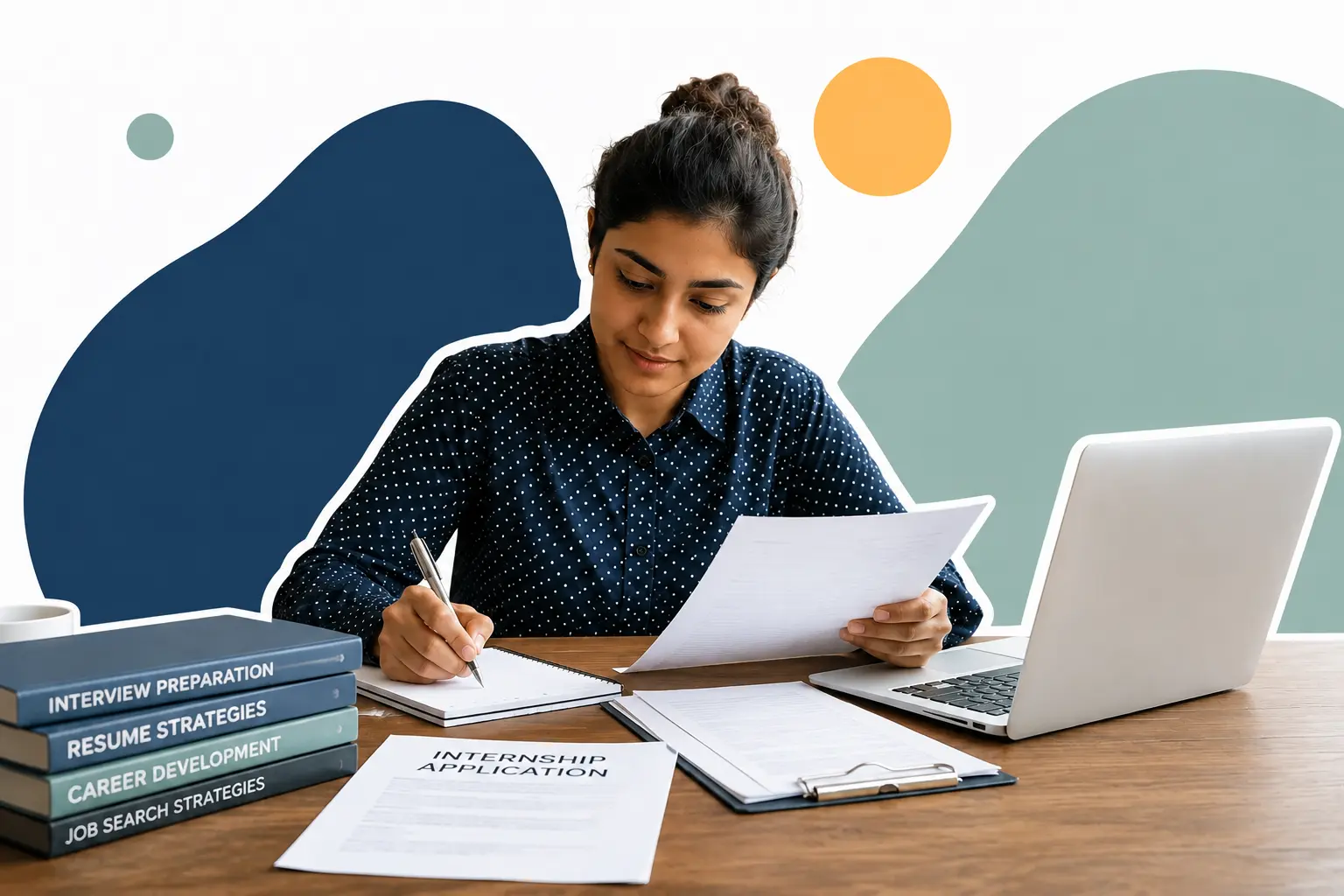 Graduate preparing an internship application with a resume, notebook and laptop