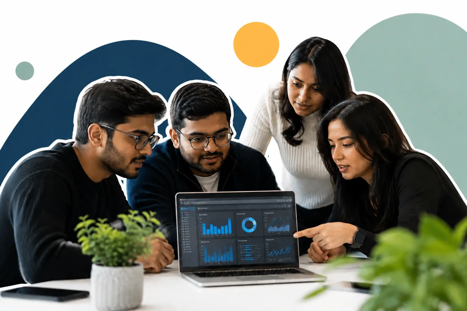 Graduate technology and data team reviewing an analytics dashboard together